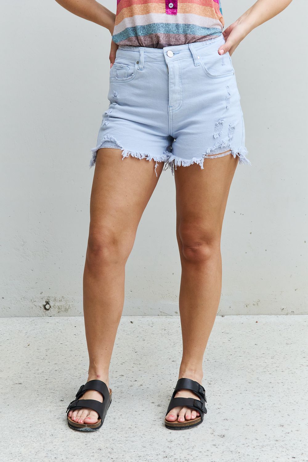 RISEN Katie Full Size High Waisted Distressed Shorts in Ice Blue 