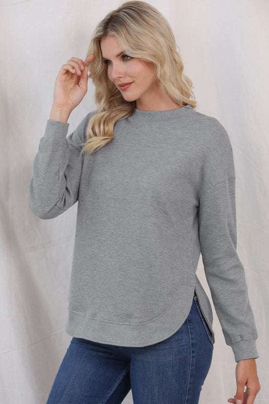 Waffle-Knit Crewneck Drop Shoulder Top 