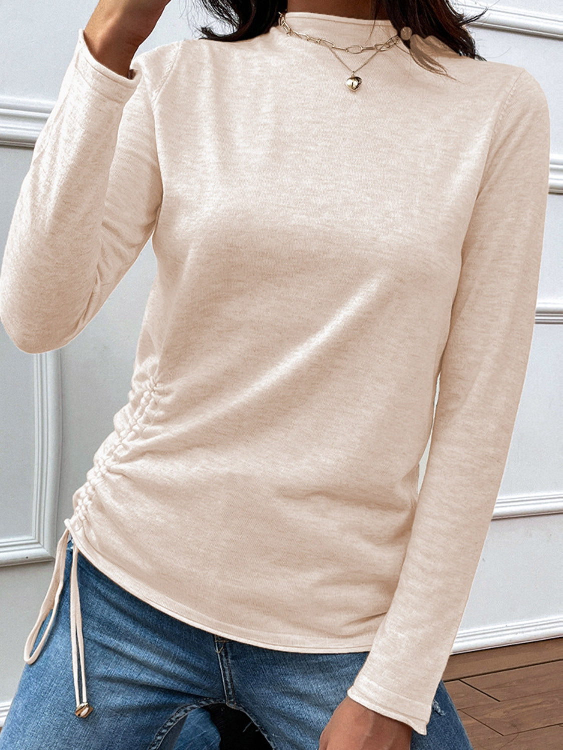 Drawstring Mock Neck Long Sleeve T-Shirt