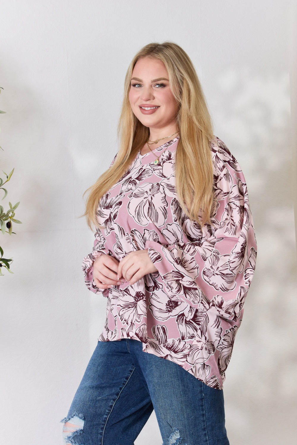 Heimish Full Size Floral V-Neck Balloon Sleeve Blouse 