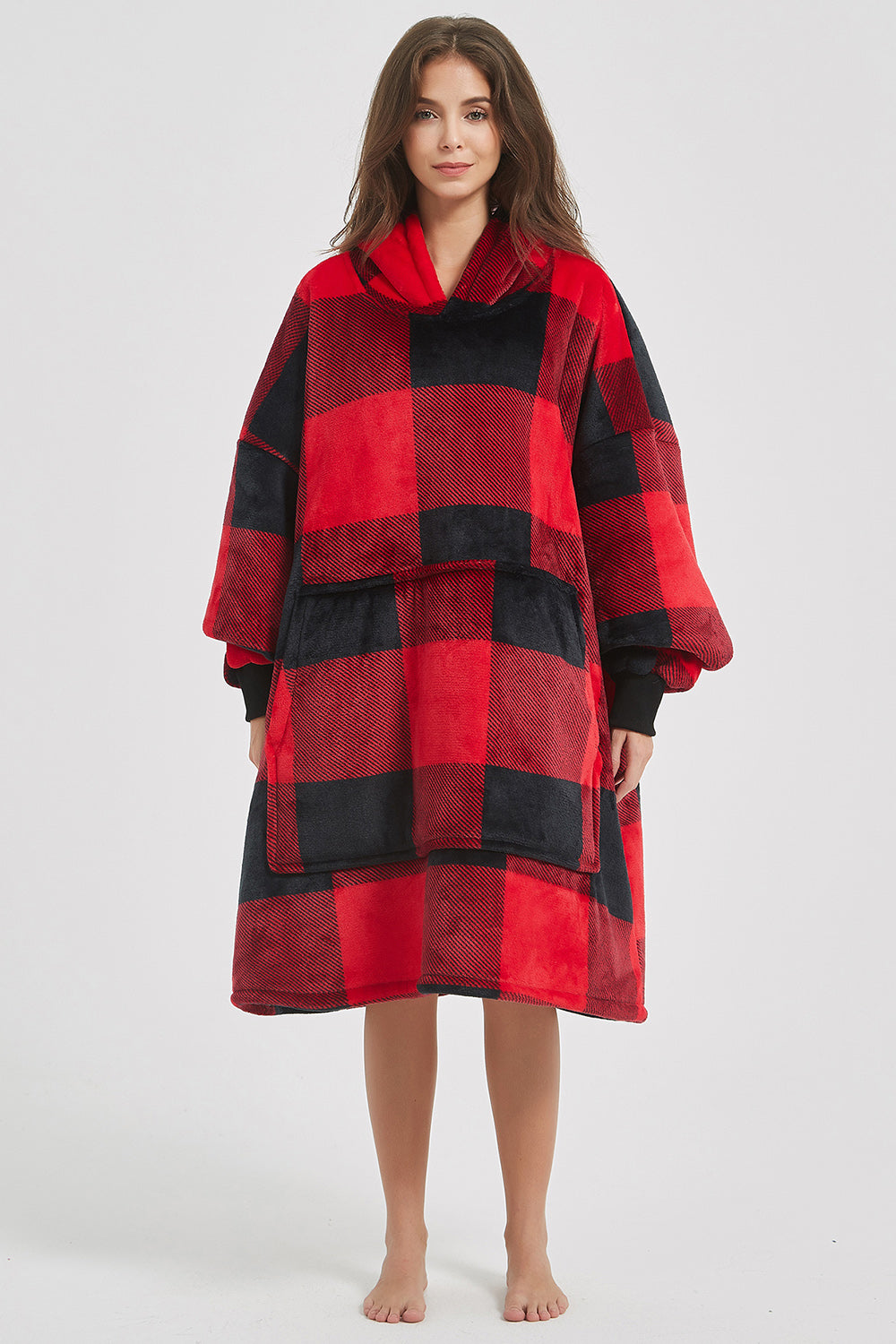 Plaid Hooded Oversize Fuzzy Lounge Dress 