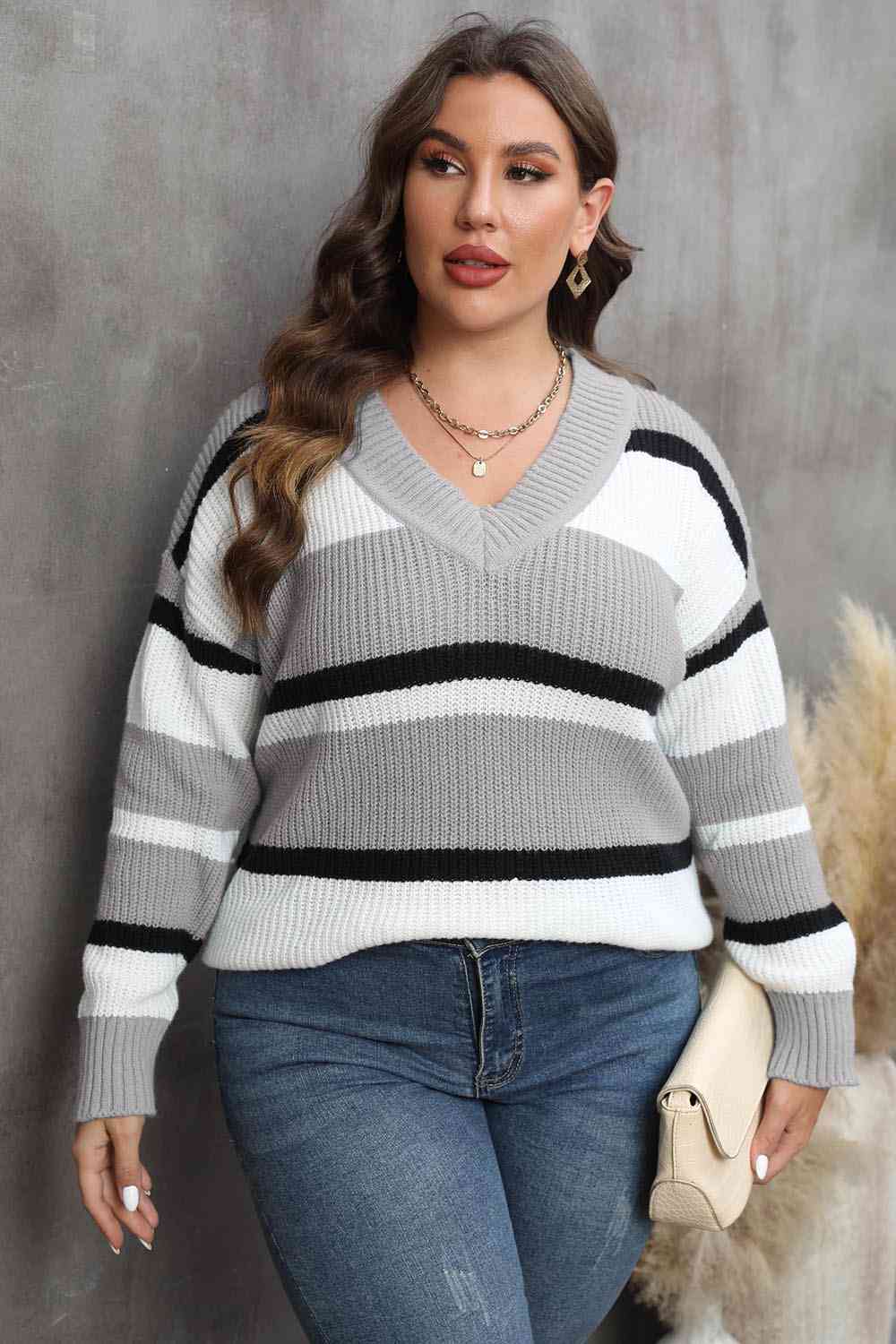 Plus Size Striped V-Neck Dropped Shoulder Sweater 