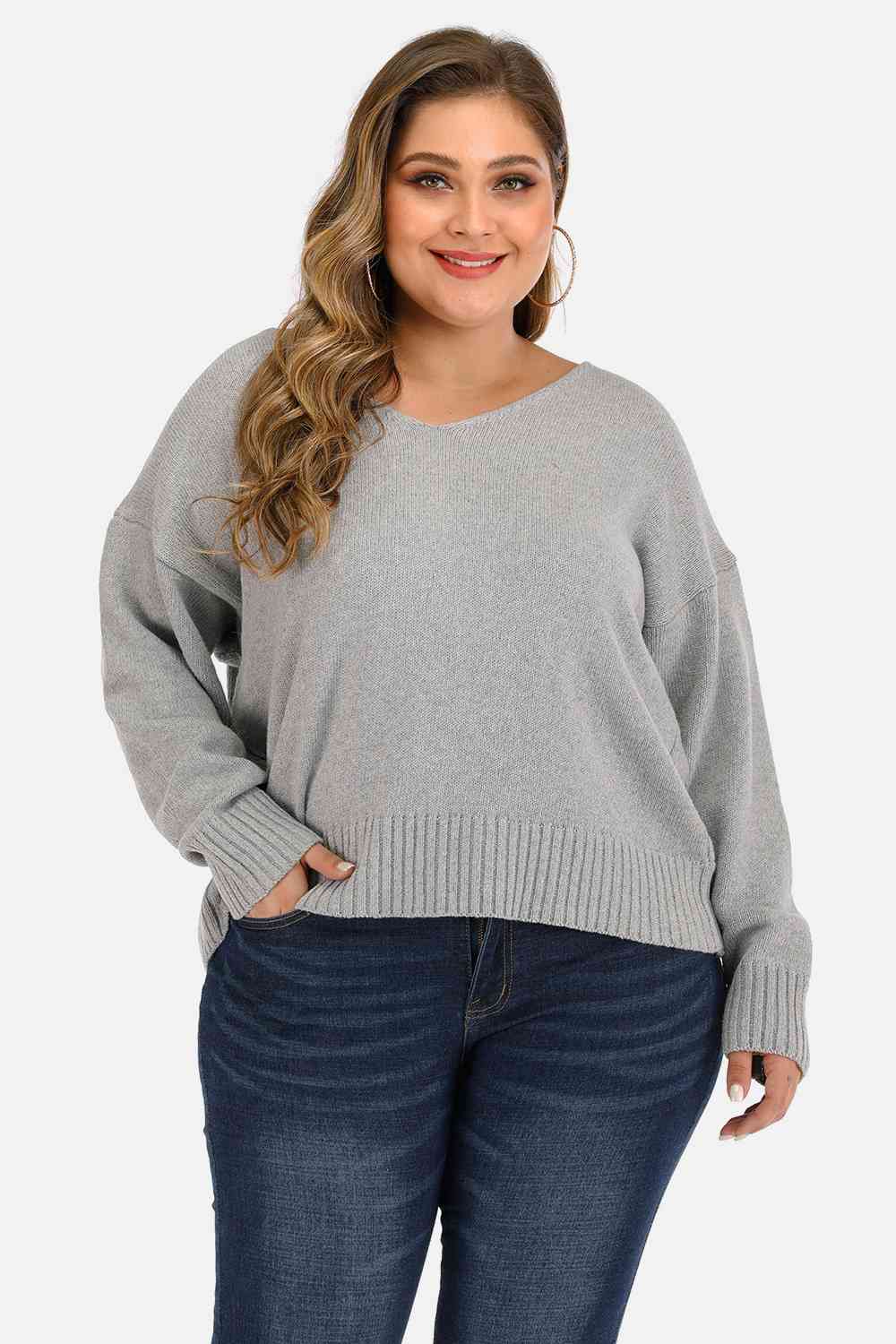 Plus Size V Neck Pullover Sweater 