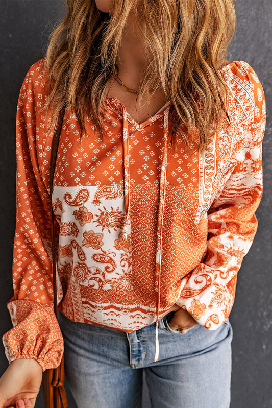 Bohemian Tie-Neck Balloon Sleeve Blouse 