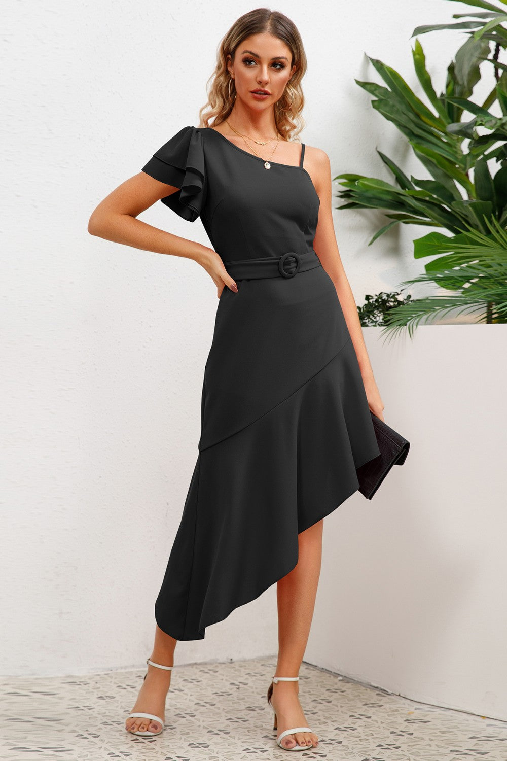 Ruffled Asymmetrical Neck Flutter Sleeve Dress 