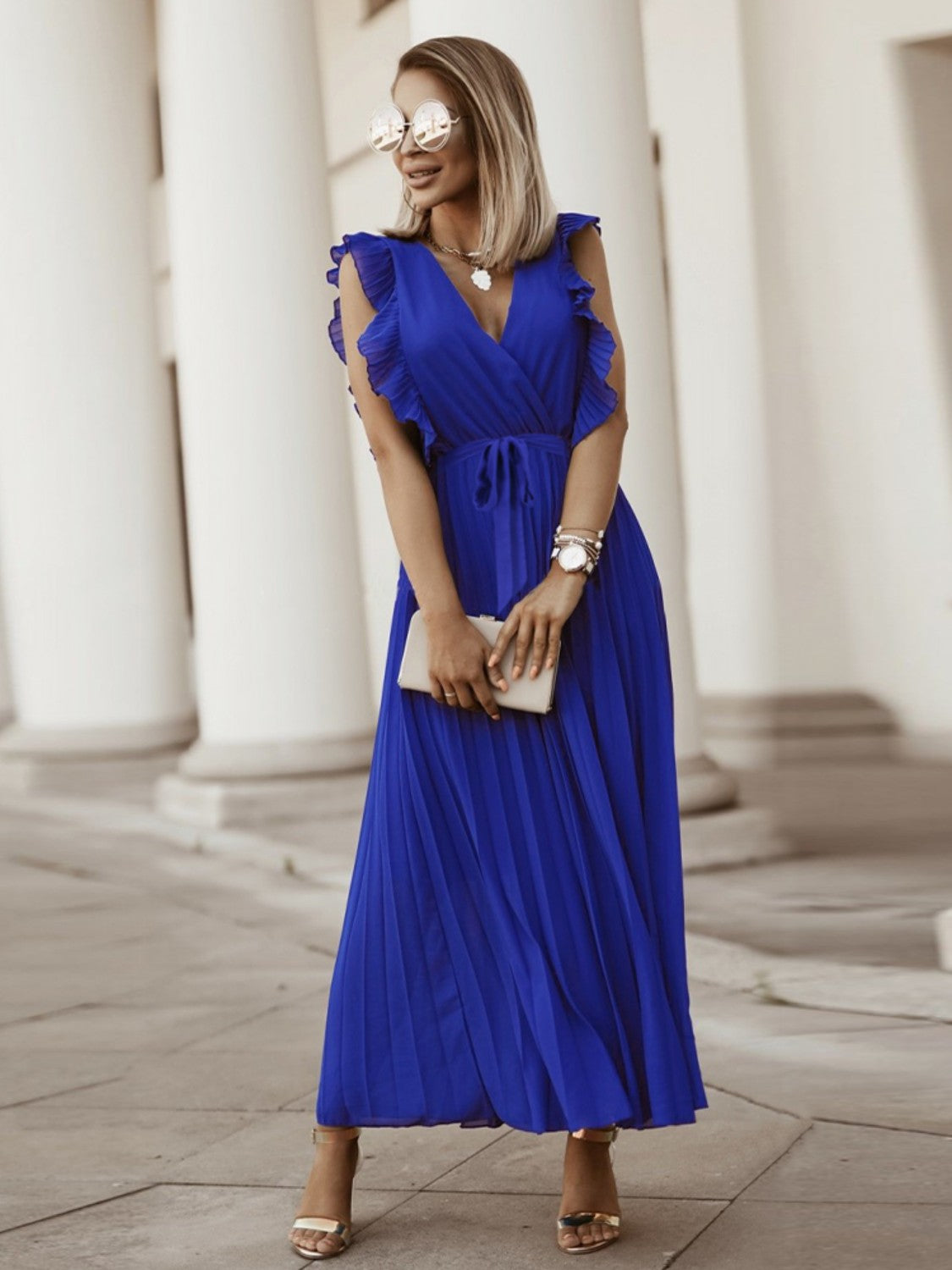 Tied Surplice Cap Sleeve Pleated Dress