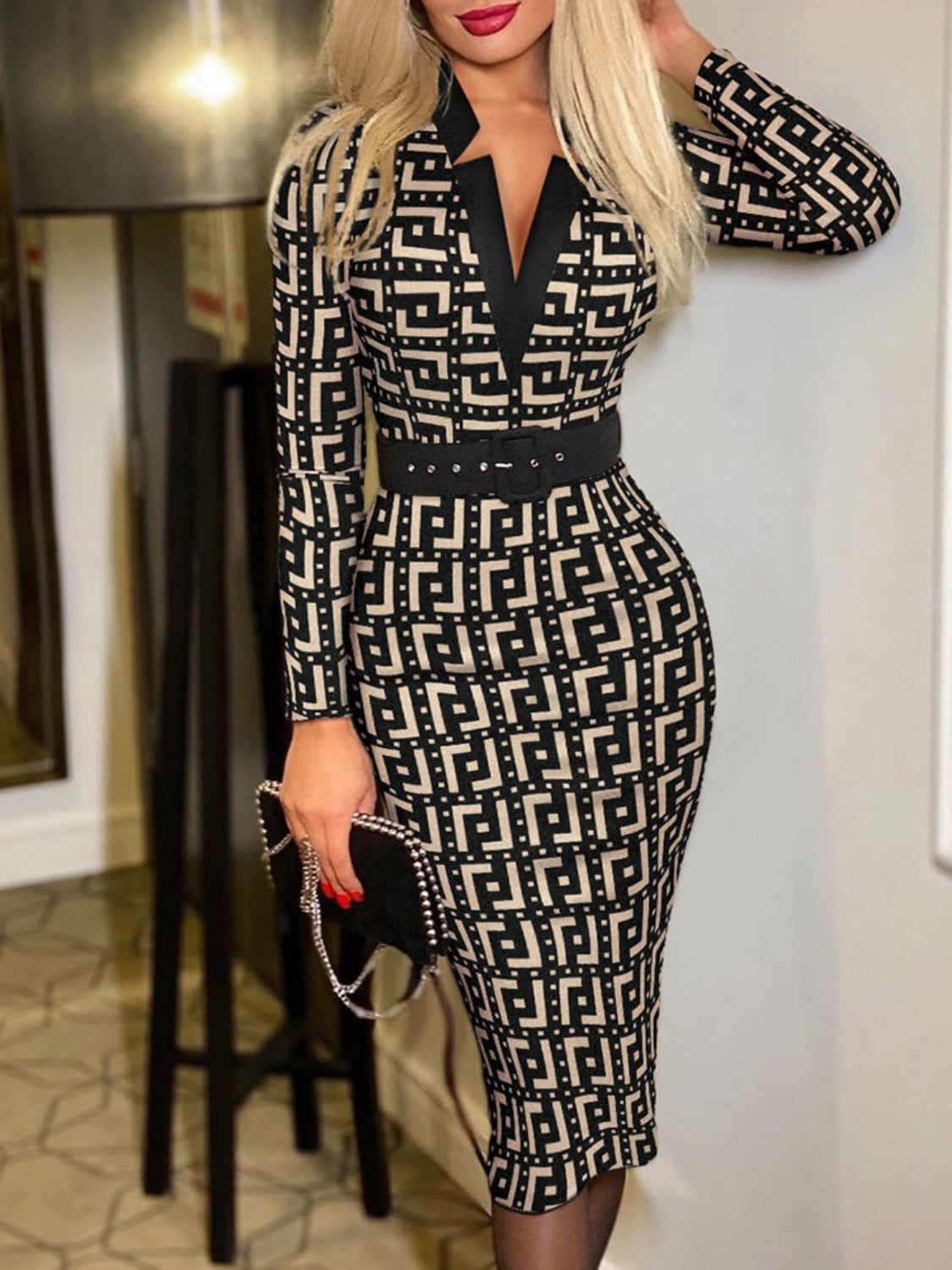 Printed Notched Long Sleeve Wrap Dress 