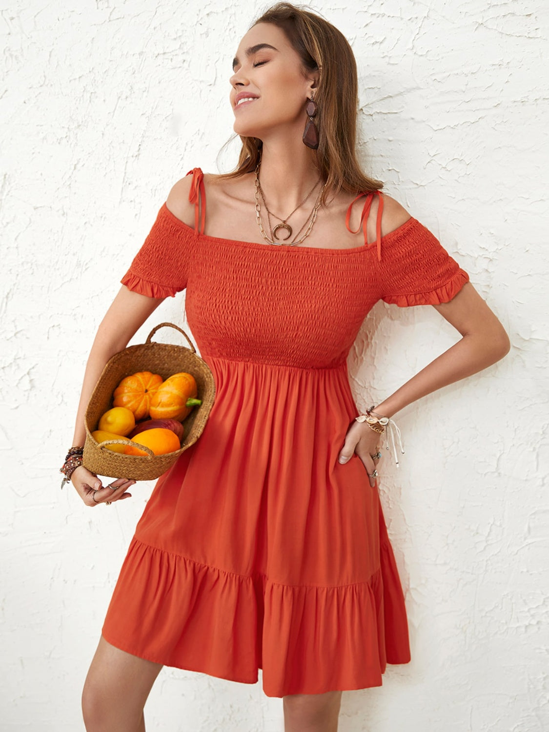 Smocked Spaghetti Strap Short Sleeve Dress 