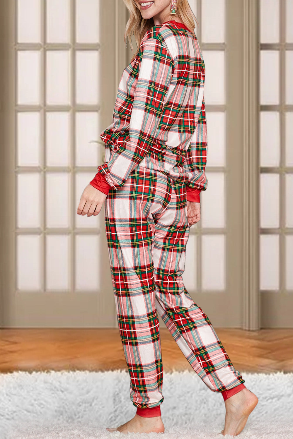 Plaid Round Neck Top and Pants Set 