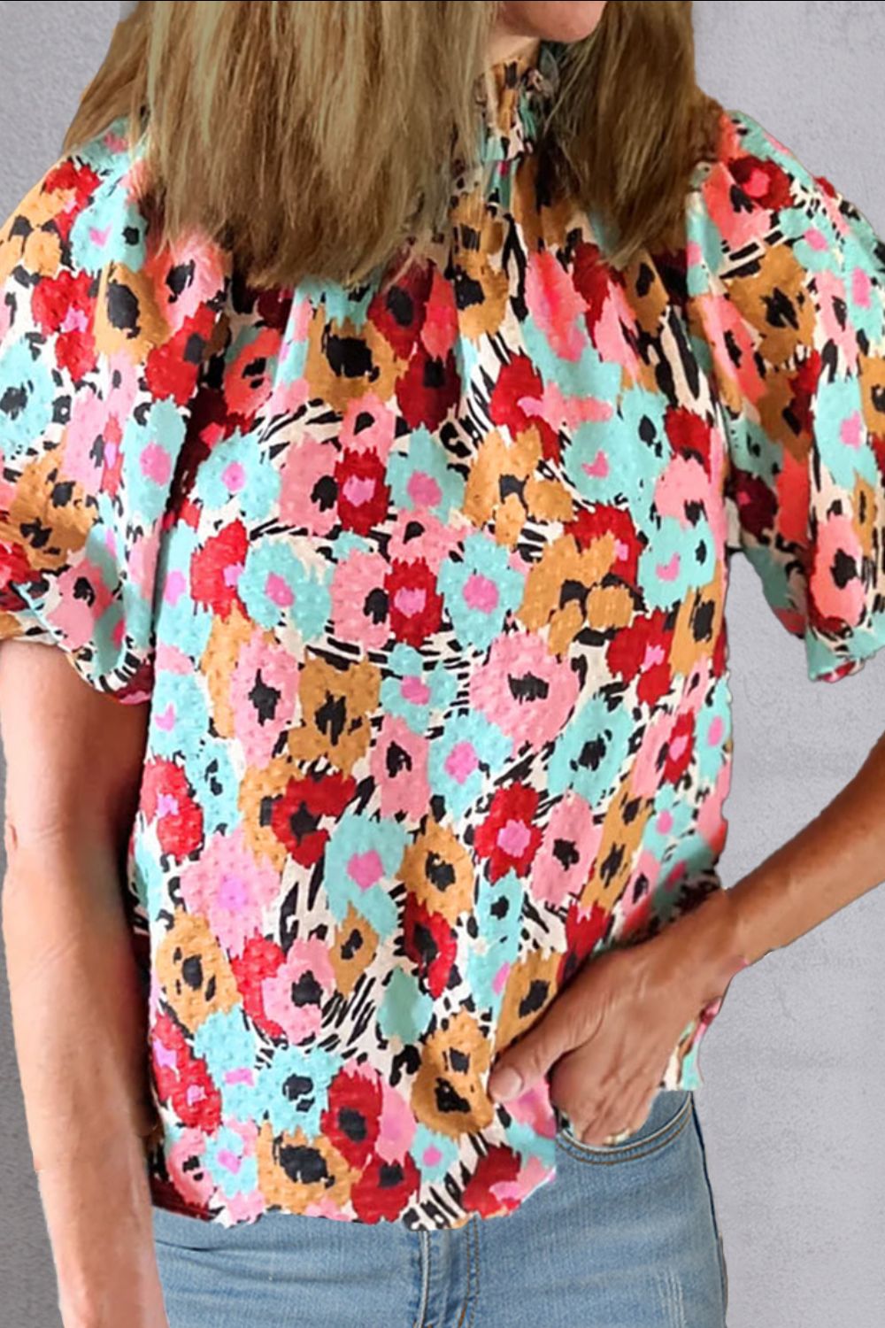 Printed Mock Neck Short Sleeve Blouse - Babbazon Tops