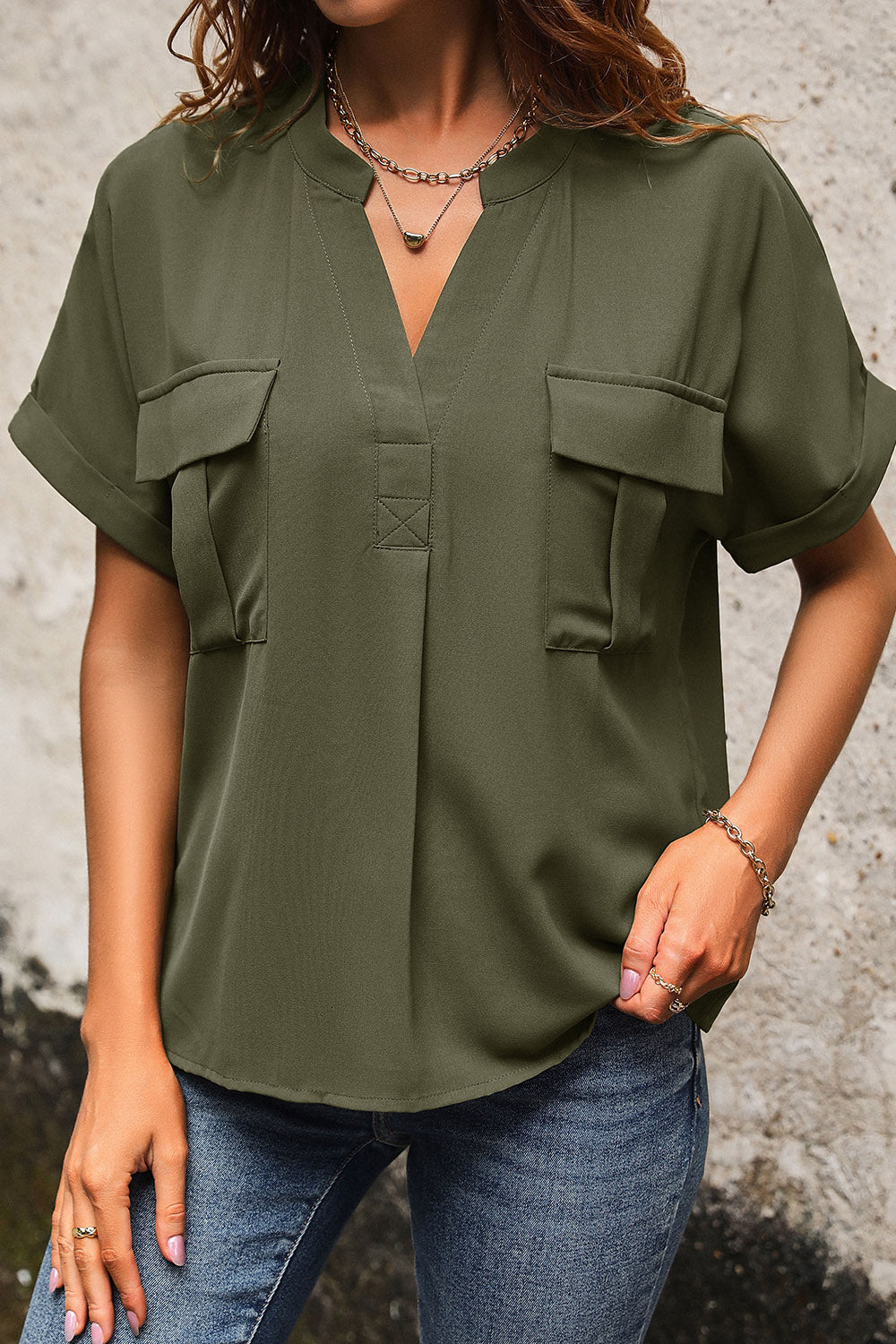 Pocketed Notched Short Sleeve Blouse - Babbazon Tops