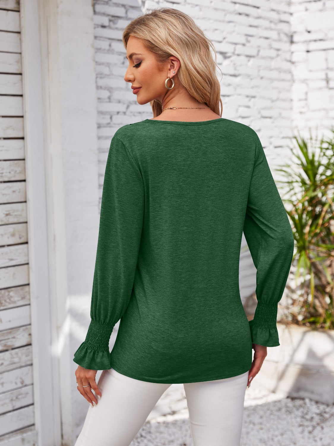 V-Neck Smocked Ruffled Long Sleeve Top