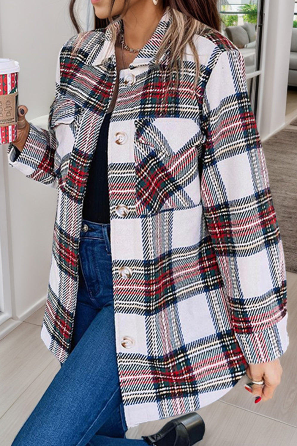 Plaid Pocketed Button Up Jacket 