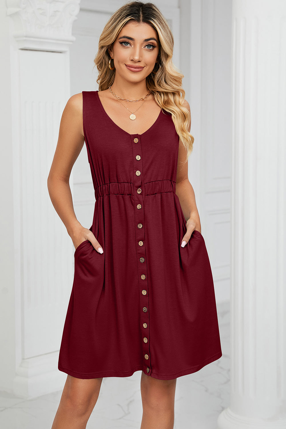 Buttoned Wide Strap Mini Dress 