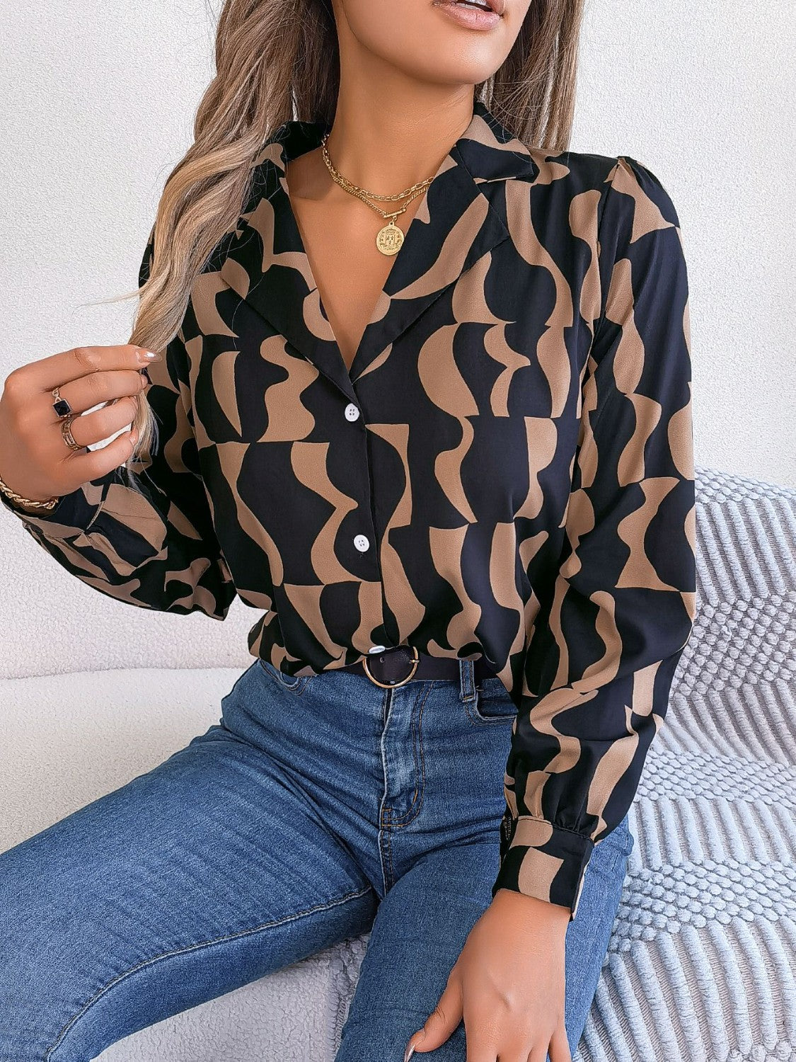 Printed Button Up Long Sleeve Shirt 