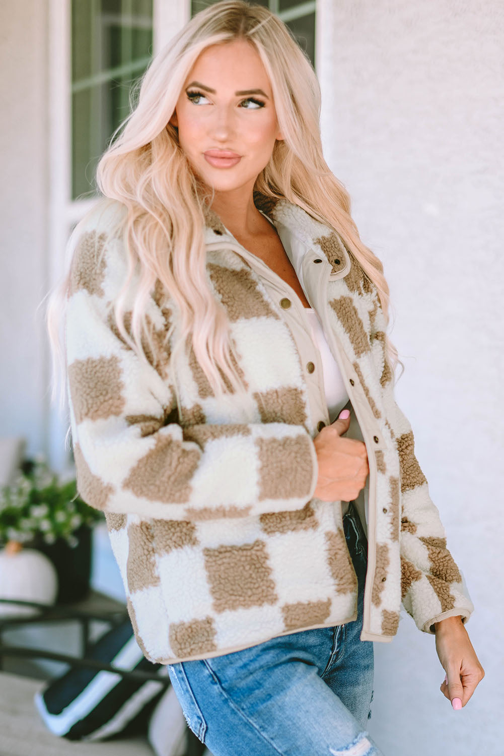 Checkered Snap Down Long Sleeve Jacket 