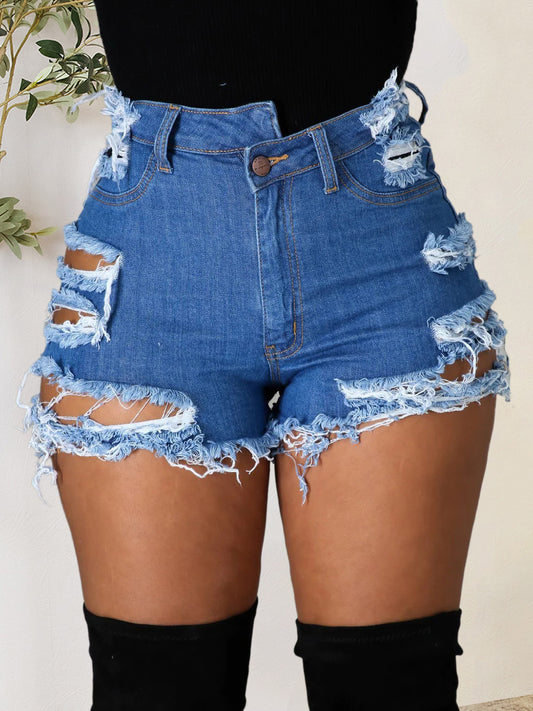 Distressed Raw Hem Denim Shorts with Pockets 