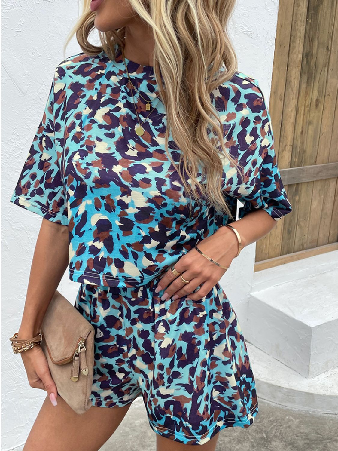 Printed Round Neck Half Sleeve Top and Shorts Set 