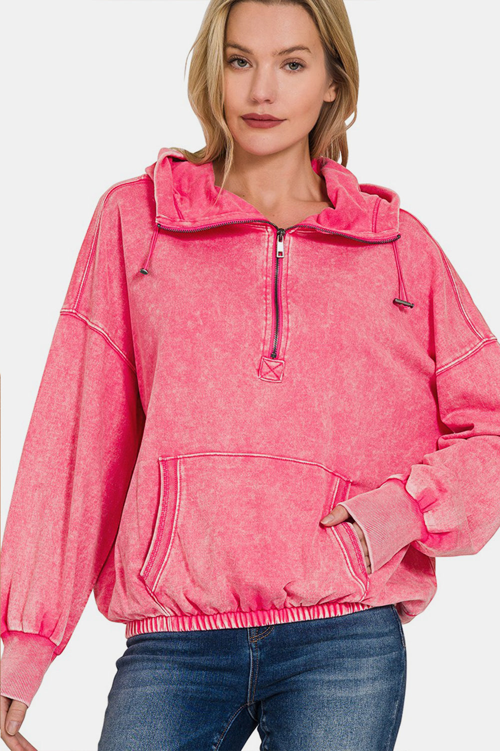 Zenana Drawstring Half Zip Dropped Shoulder Hoodie 