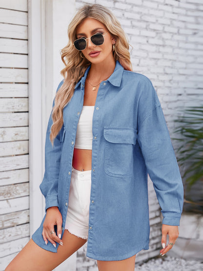 Pocketed Snap Down Dropped Shoulder Denim Shacket 