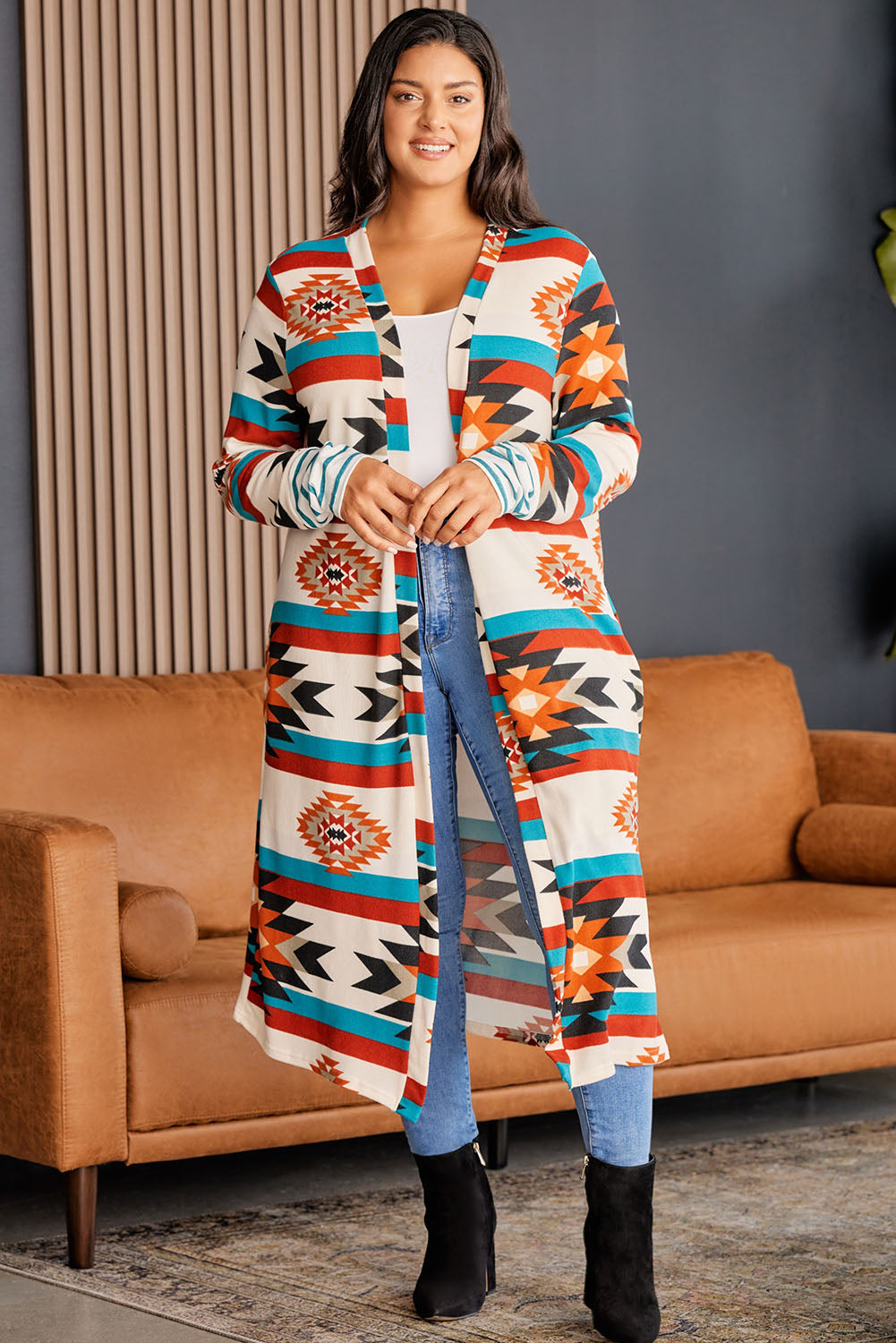 Plus Size Geometric Open Front Longline Cardigan 