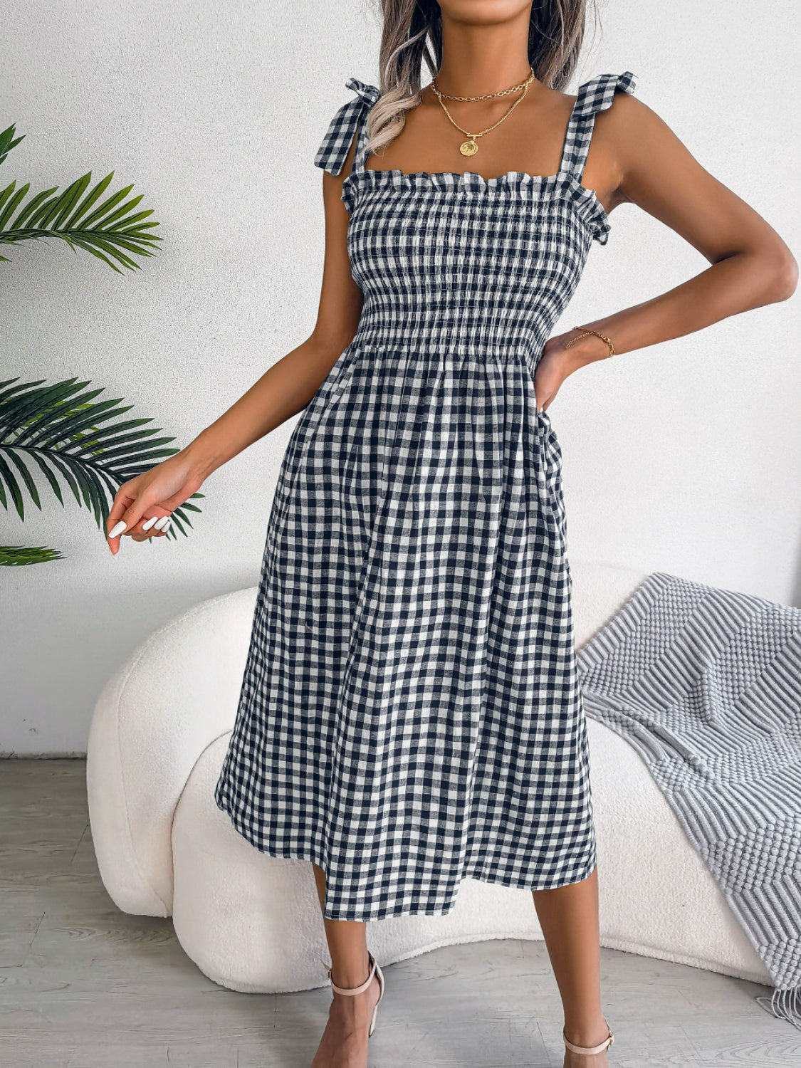 Frill Plaid Square Neck Midi Dress 