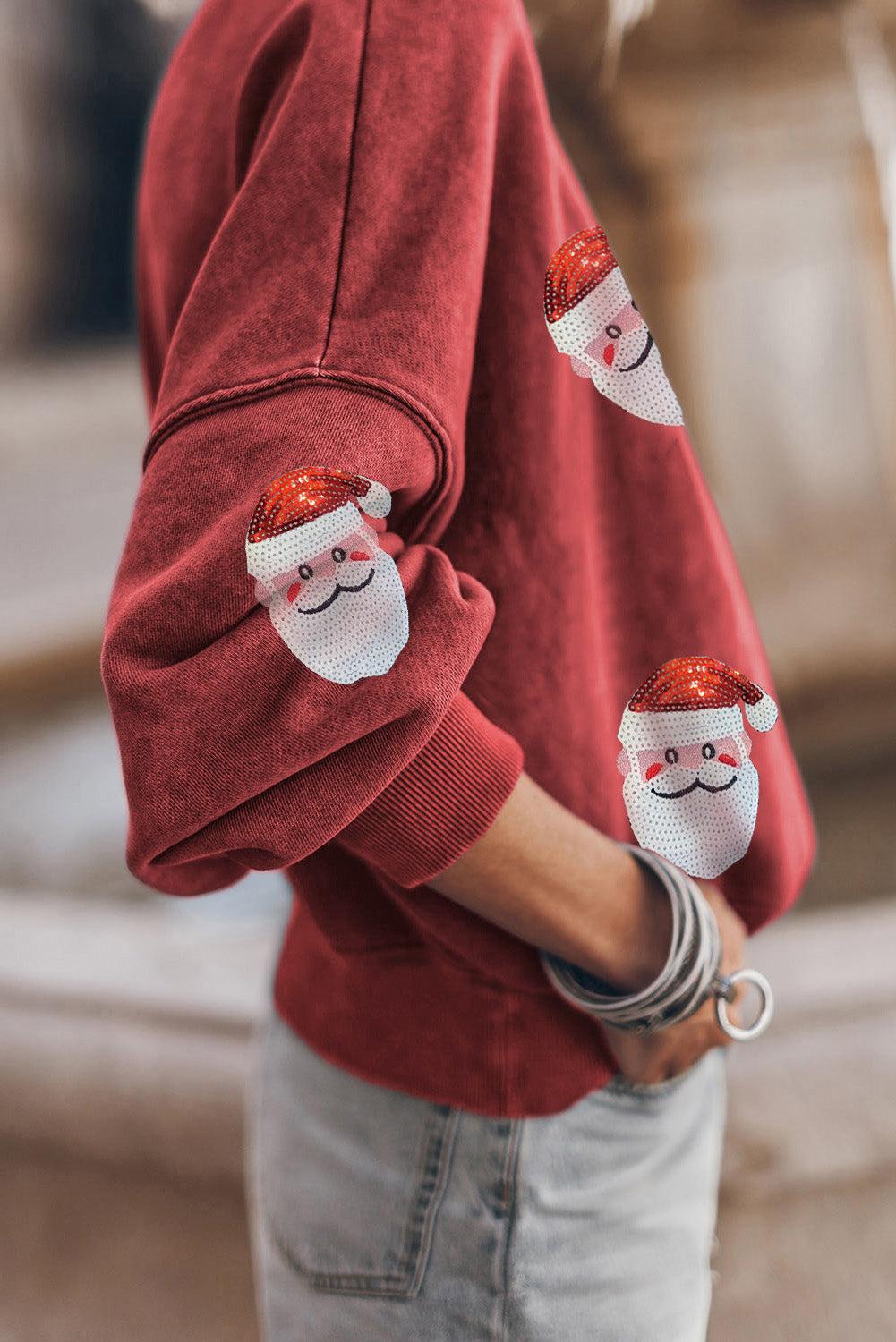 Sequin Santa Patch Round Neck Sweatshirt 