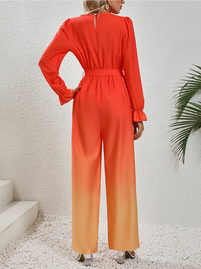 Gradient Tie Front Flounce Sleeve Jumpsuit 