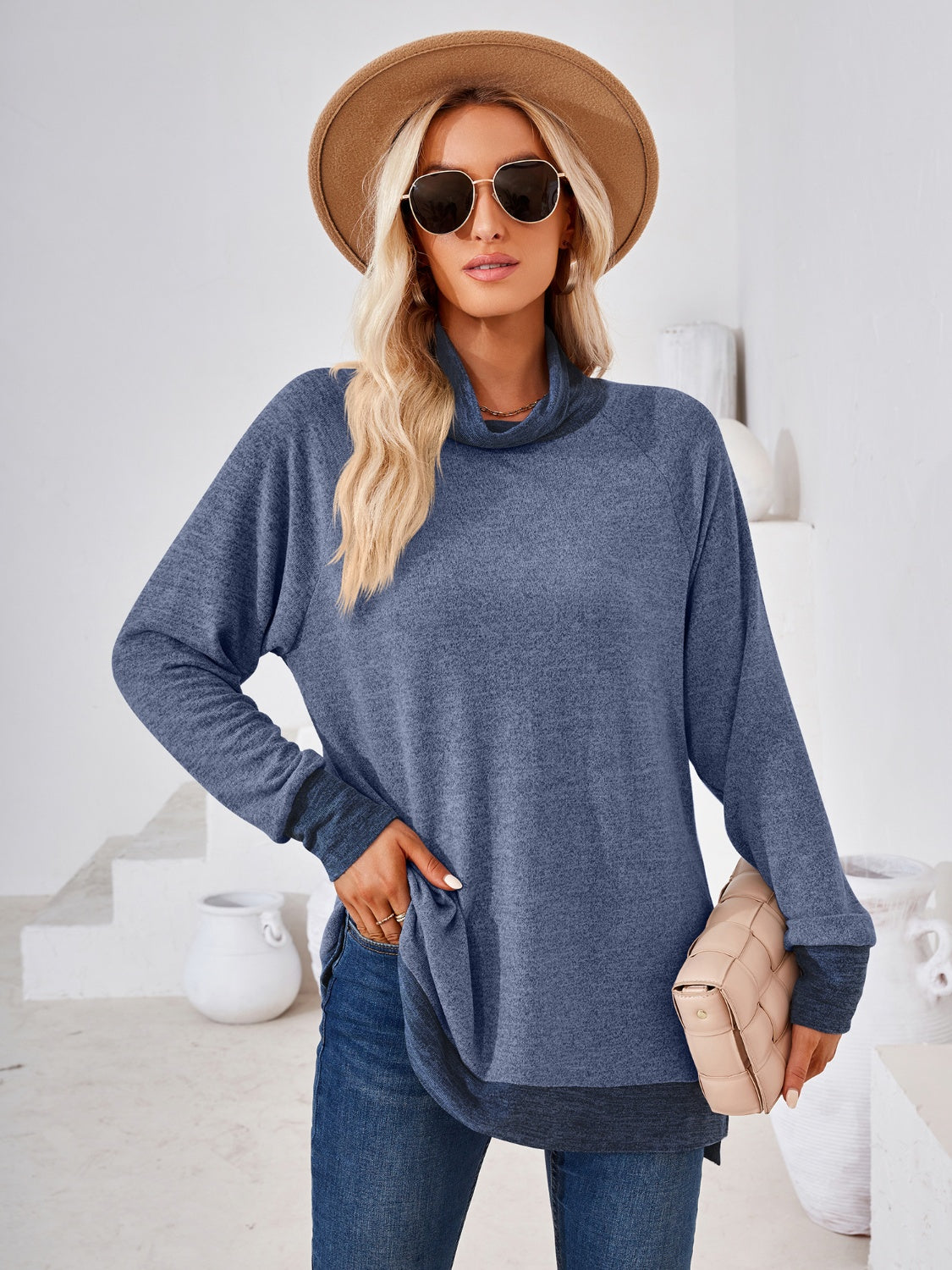 Contrast Mock Neck Long Sleeve T-Shirt 