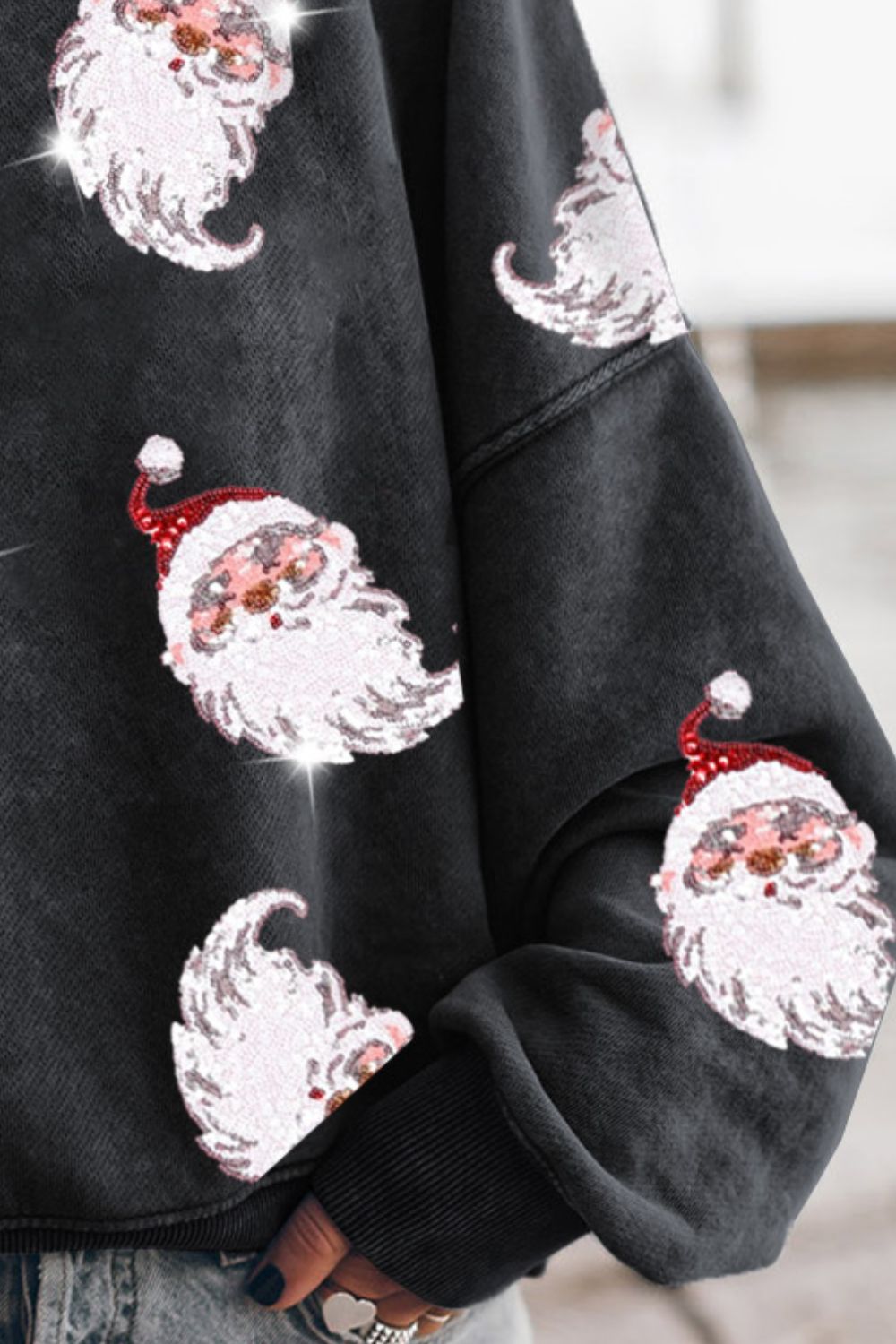 Sequin Santa Round Neck Drop Shoulder Sweatshirt 