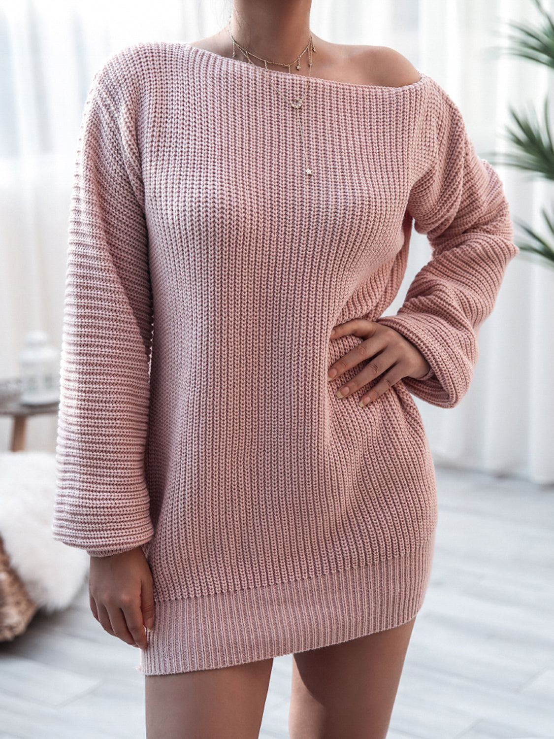 Rib-Knit Mini Sweater Dress 