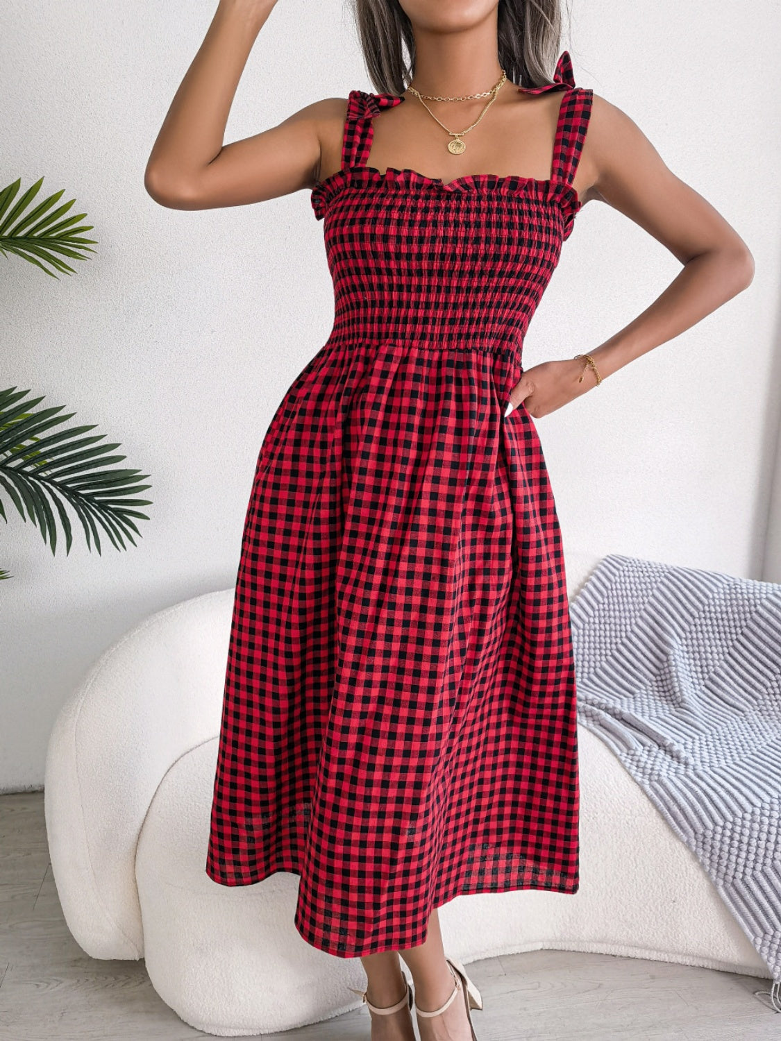 Frill Plaid Square Neck Midi Dress 