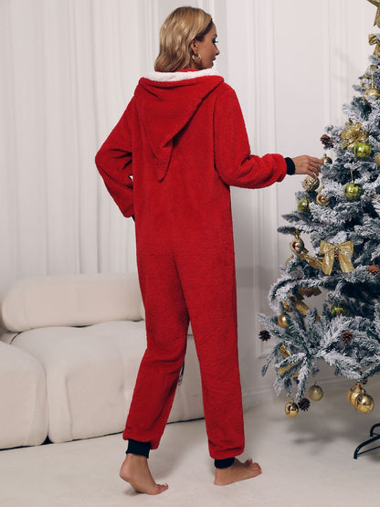 Zip Front Long Sleeve Hooded Teddy Lounge Jumpsuit 