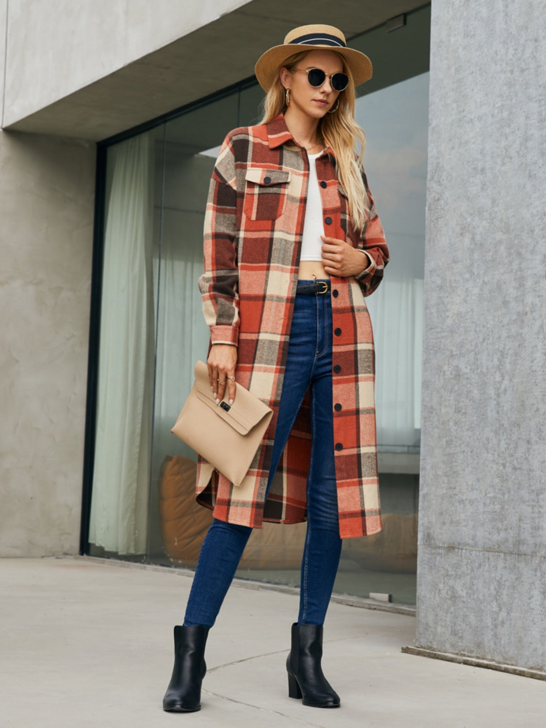 Plaid Pocketed Button Up Trench Coat 