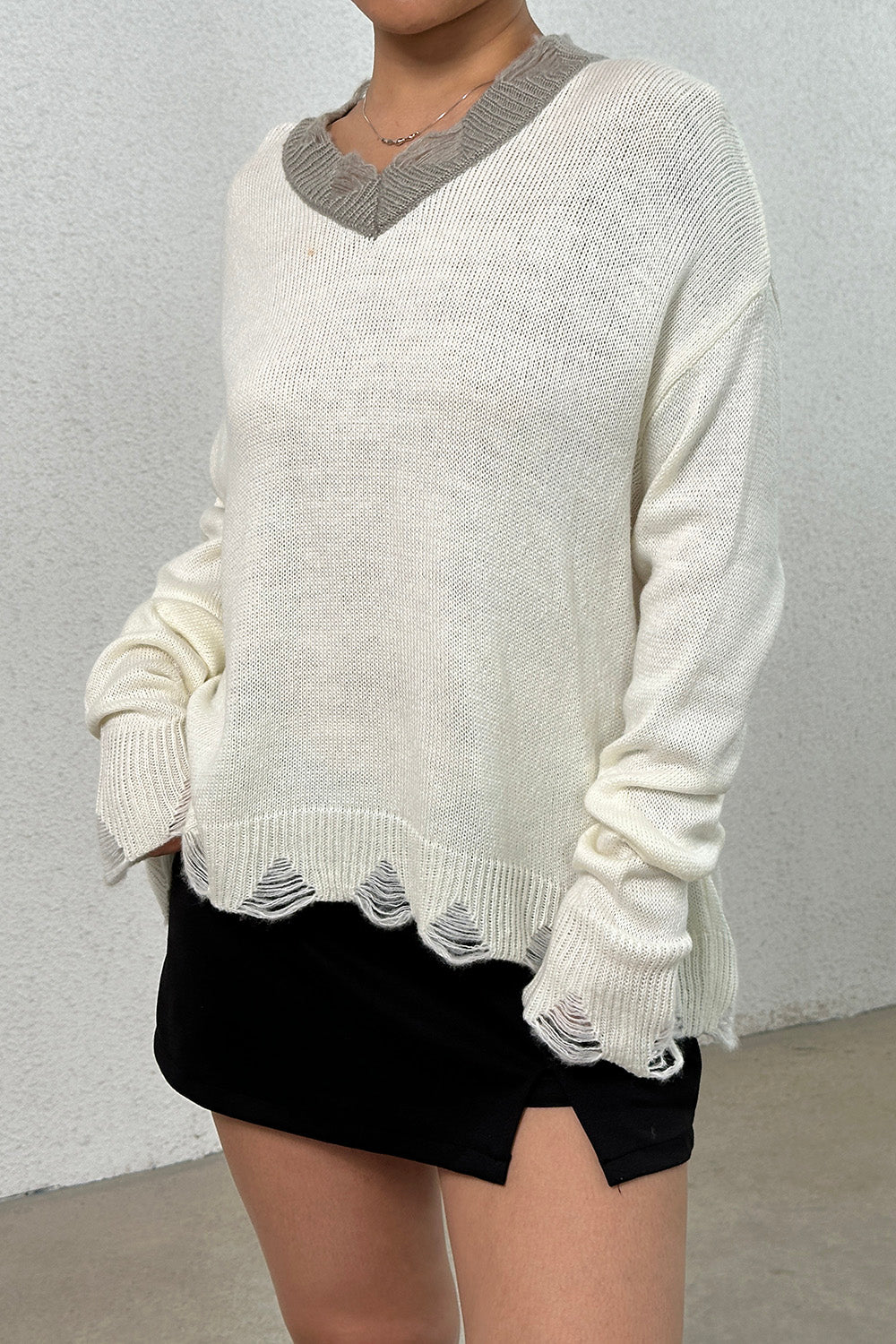 Distressed V-Neck Dropped Shoulder Sweater 