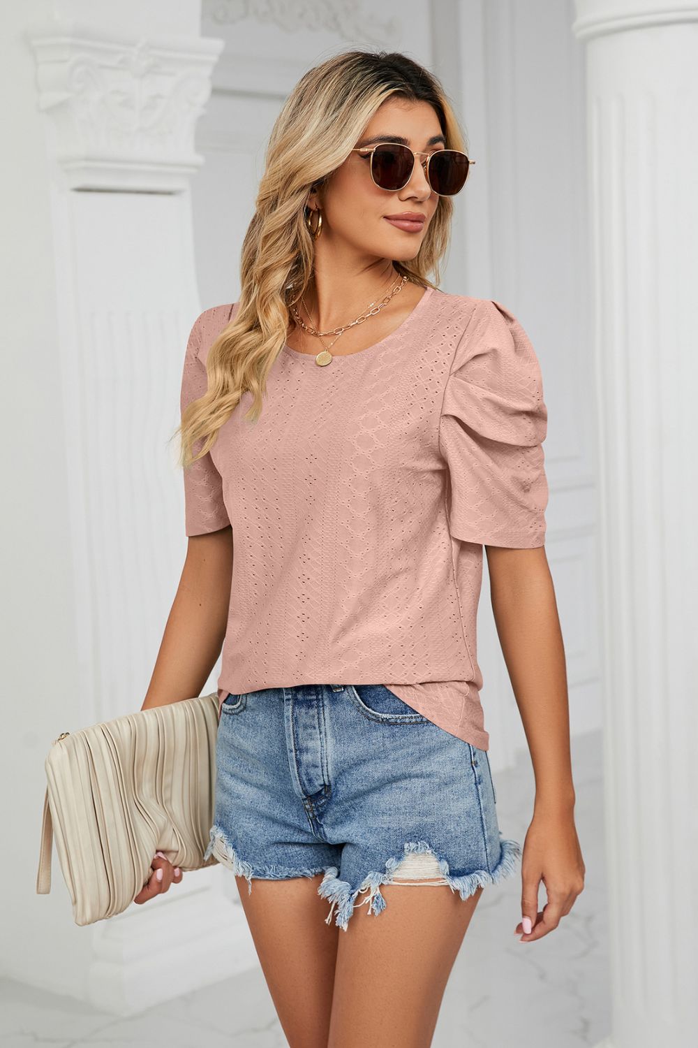 Eyelet Puff Sleeve Round Neck Blouse 