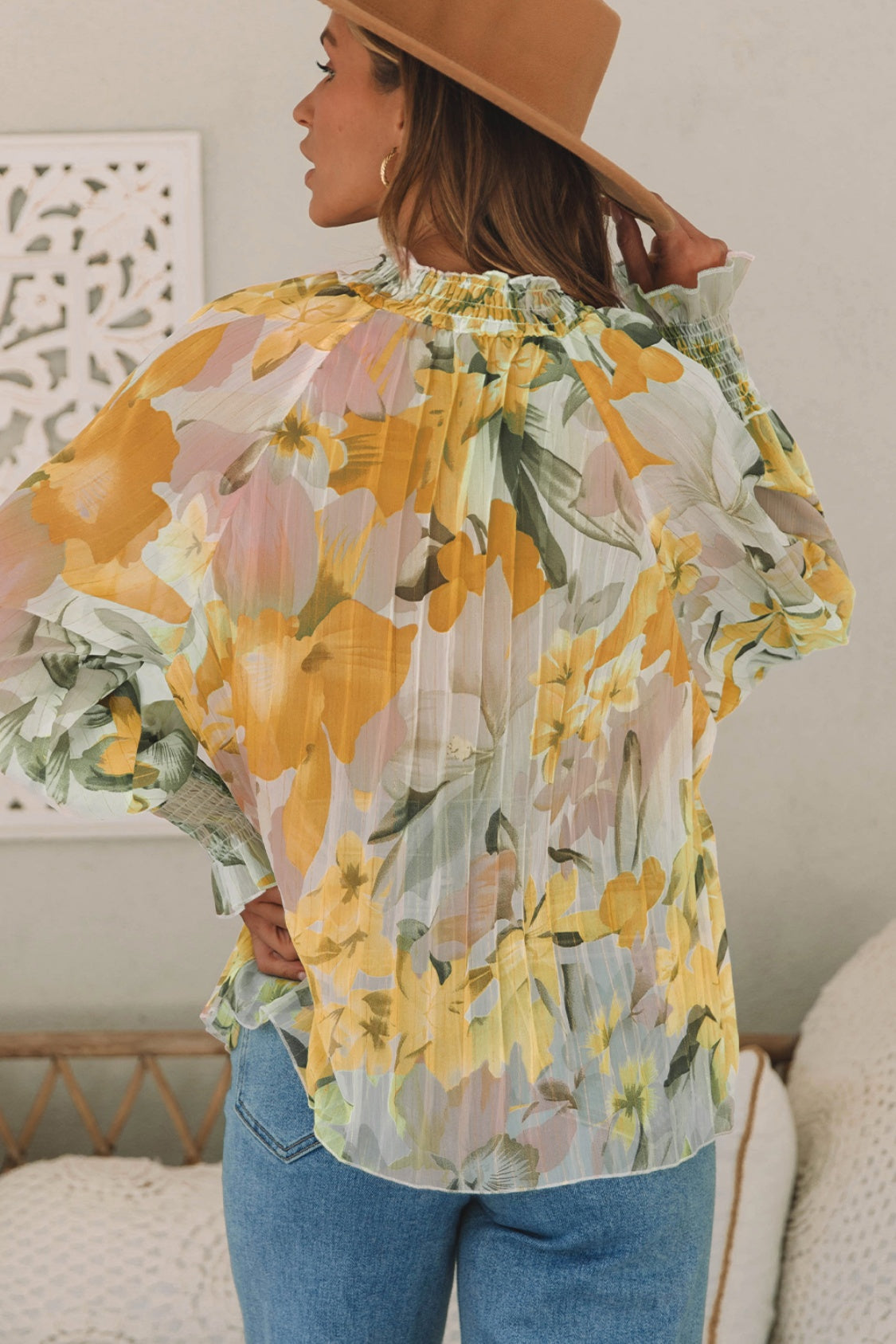 Floral Smocked Mock Neck Pleated Blouse 