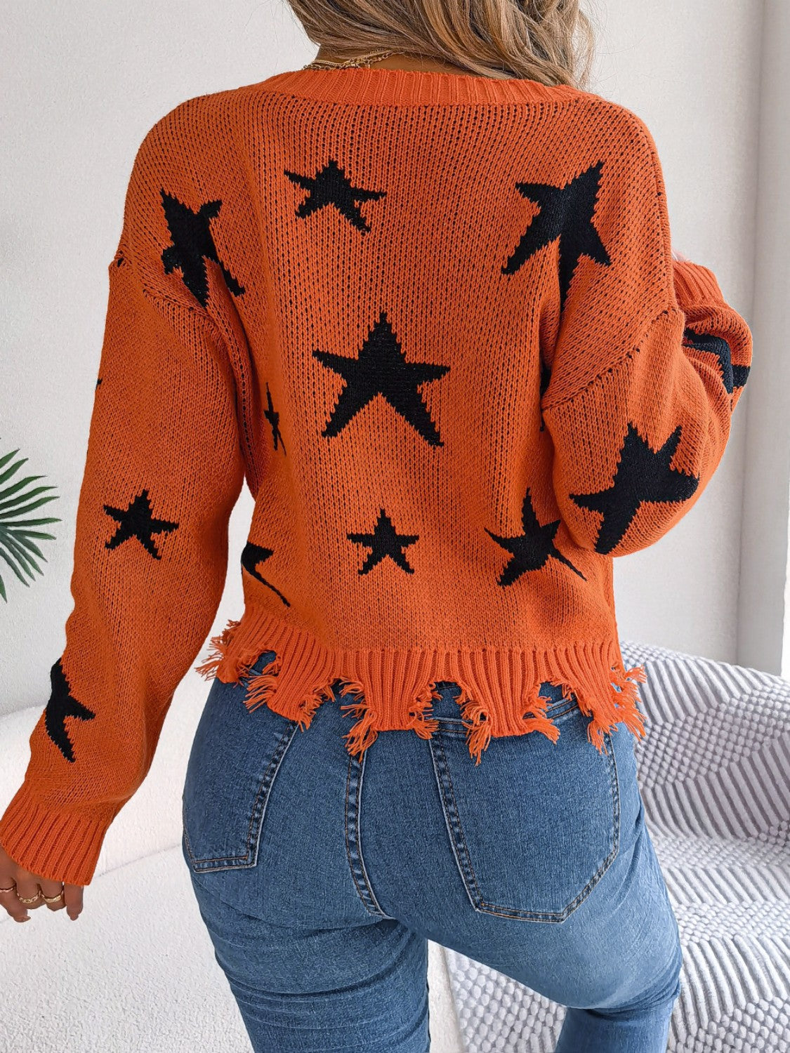 Star Pattern Distressed V-Neck Cropped Sweater 