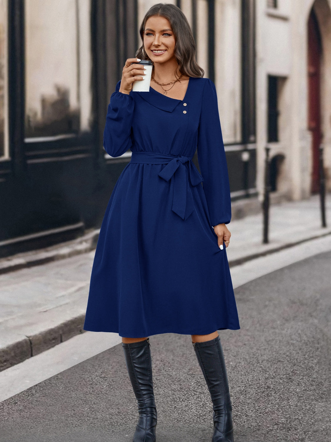 Buttoned Tie Front Long Sleeve Asymmetrical Neck Dress 