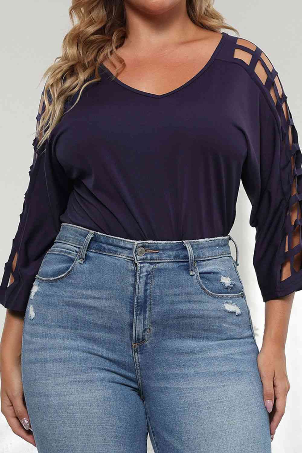 Plus Size Cutout Three-Quarter Sleeve Blouse 