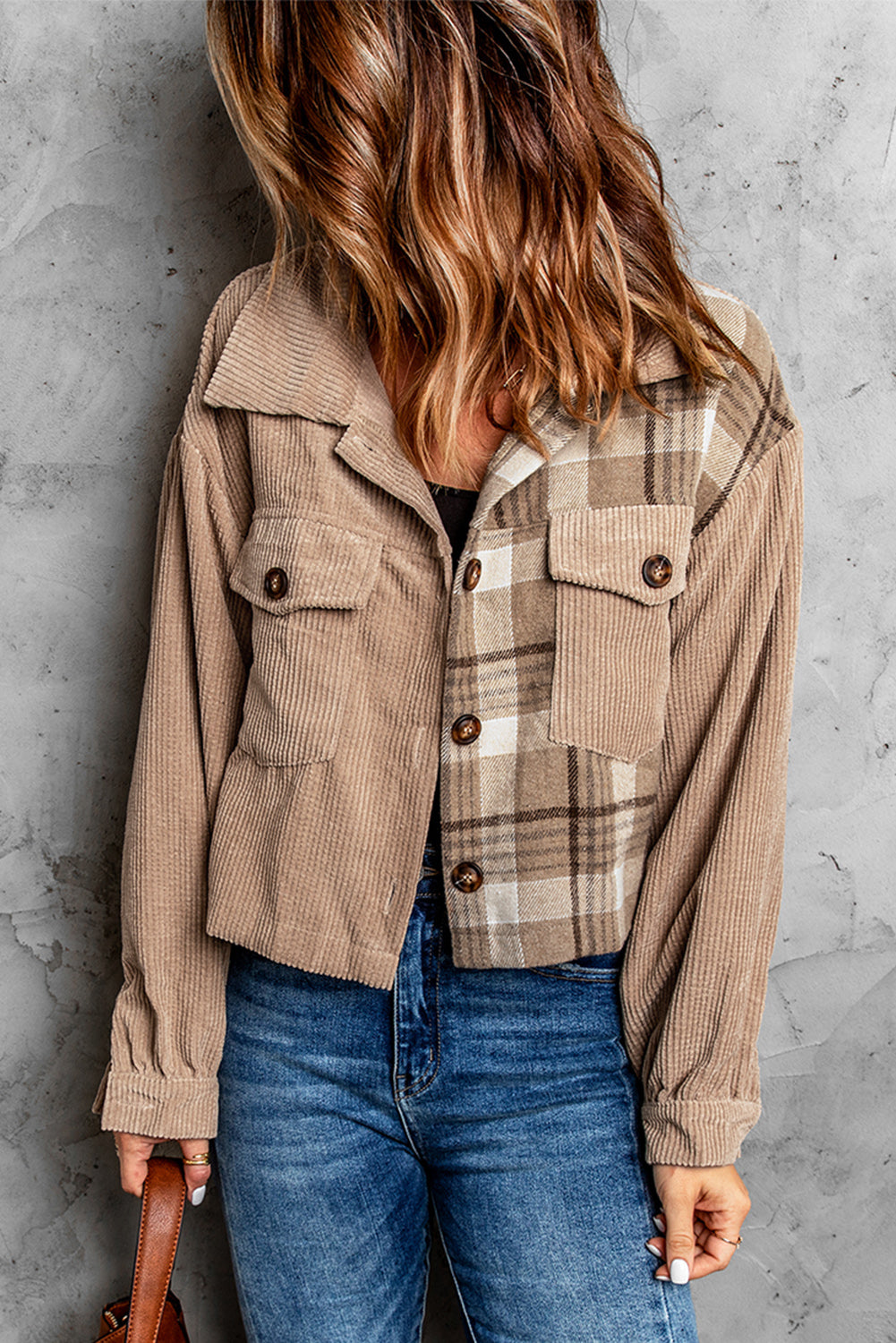 Plaid Corduroy Dropped Shoulder Jacket 