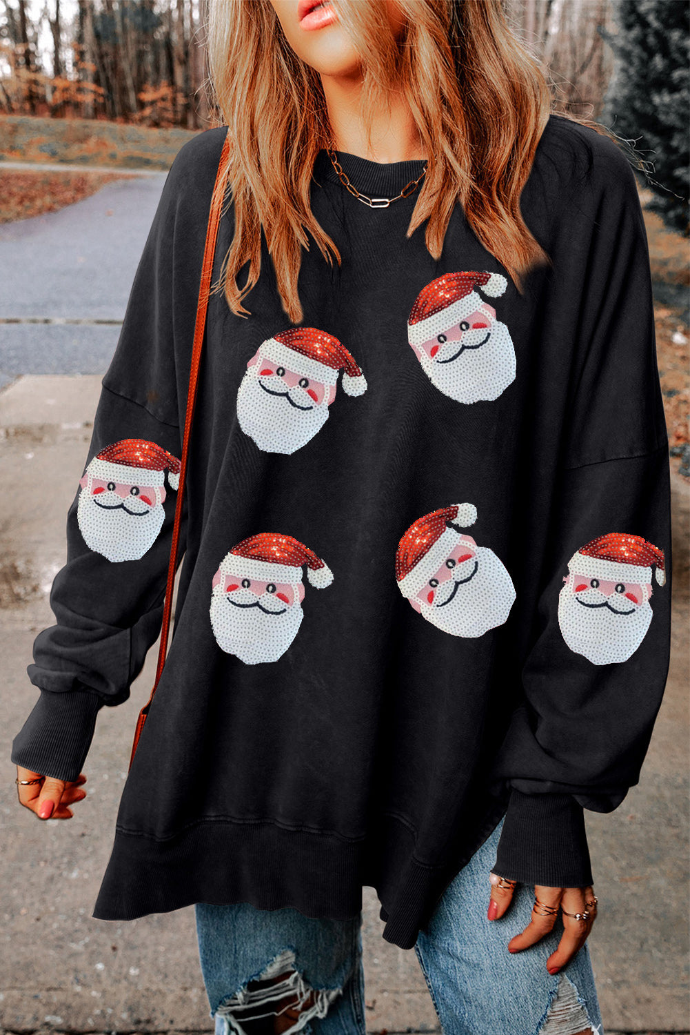 Sequin Santa Round Neck Slit Sweatshirt - Babbazon Sparkly Clothes