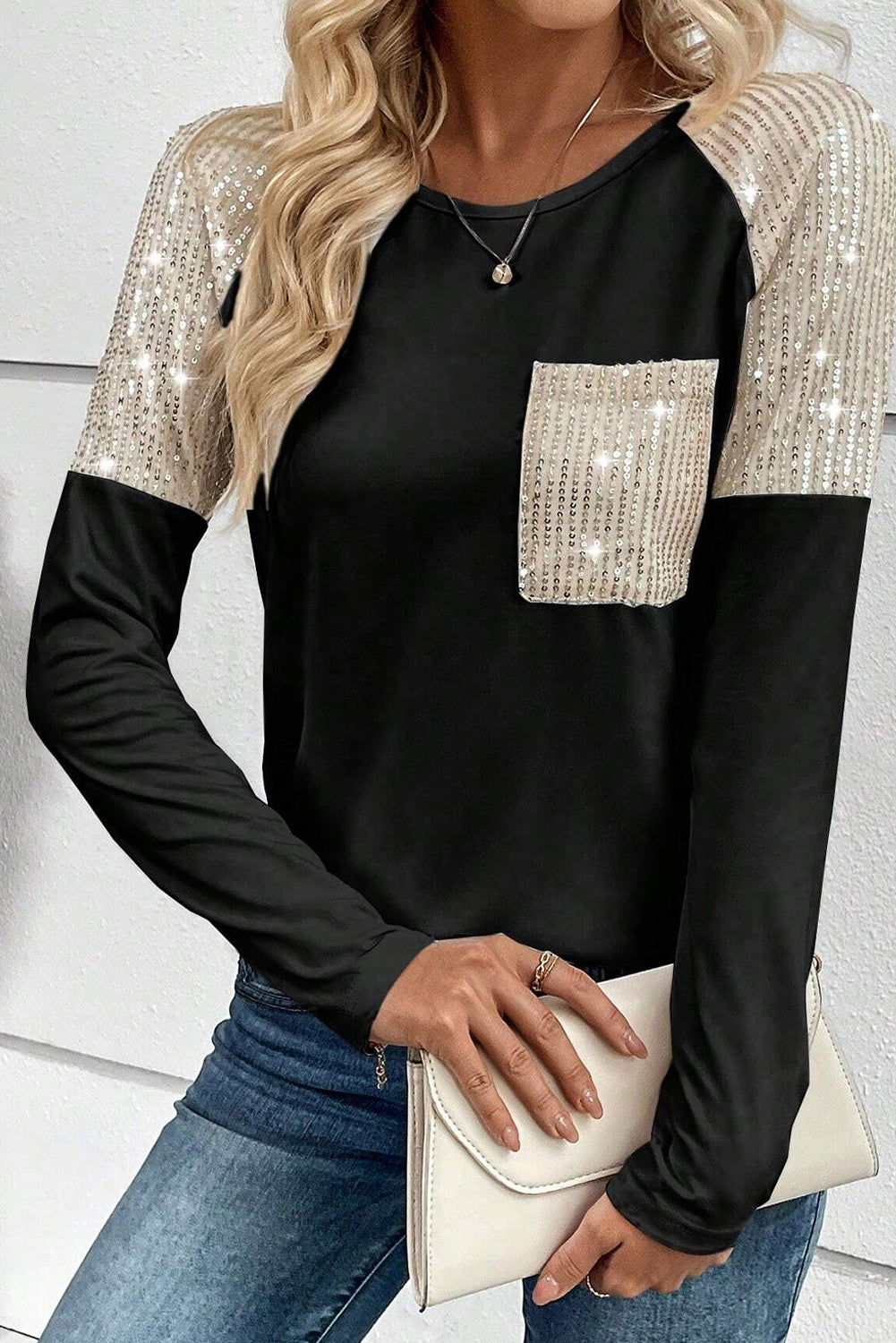 Sequin Round Neck Long Sleeve T-Shirt - Babbazon Tops