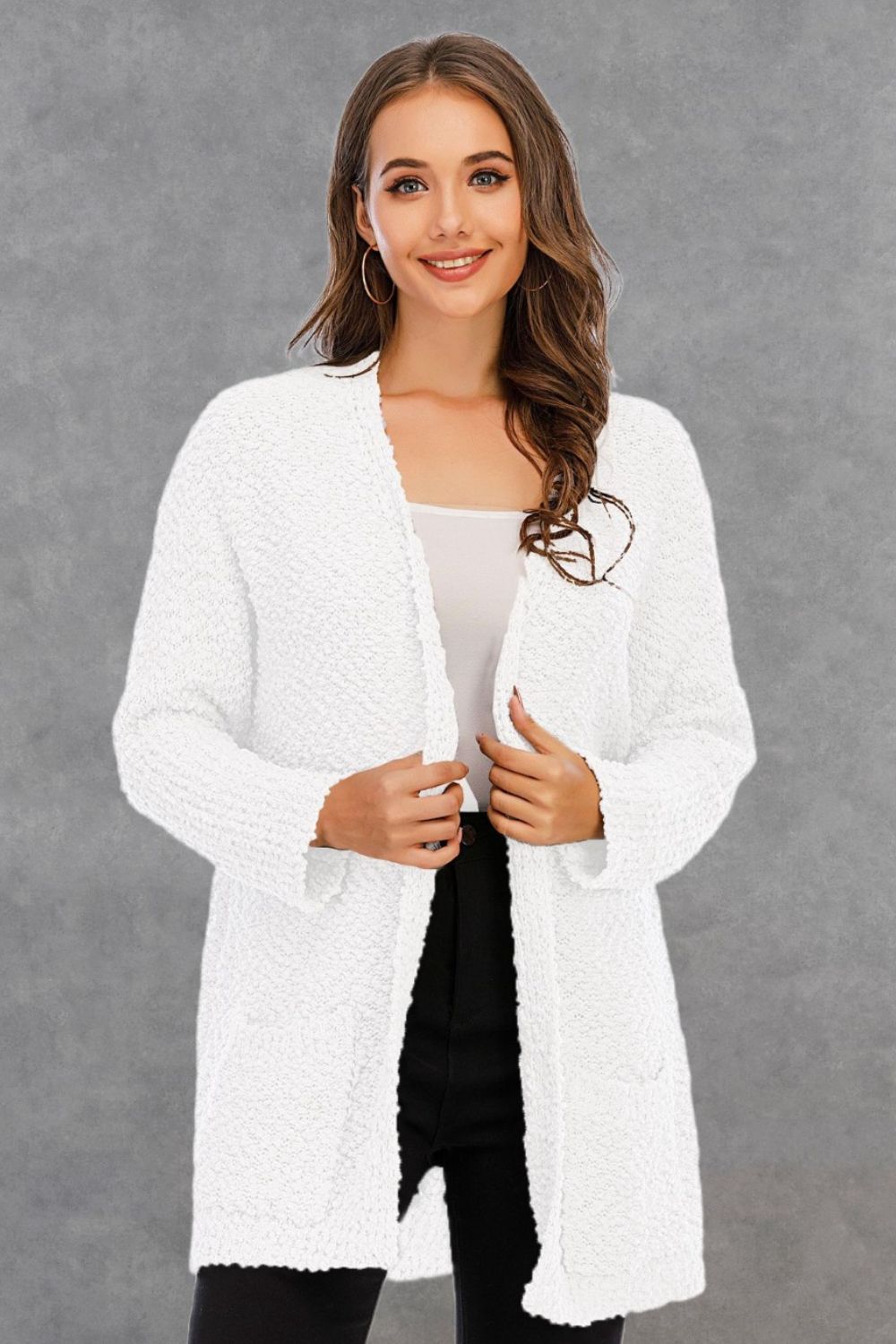 Pocketed Open Front Long Sleeve Cardigan 