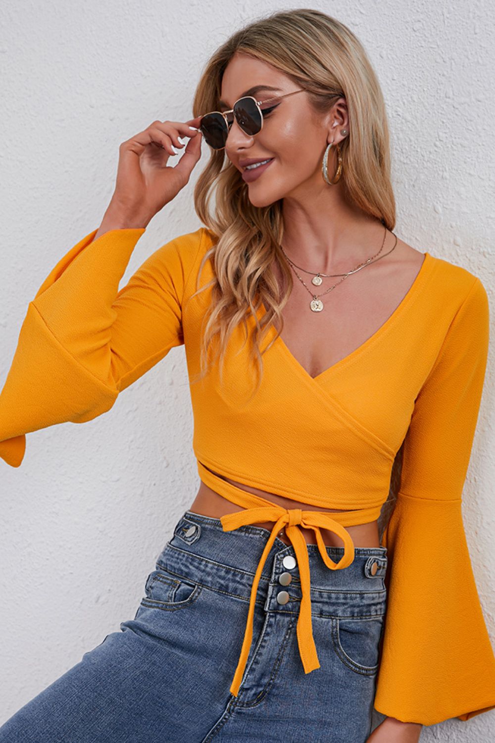 Tie Front Flare Sleeve Cropped Top 