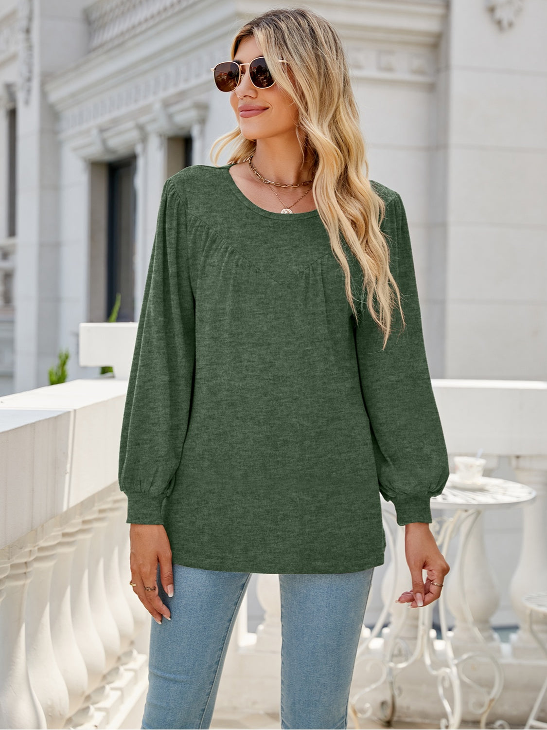 Heathered Round Neck Lantern Sleeve Blouse