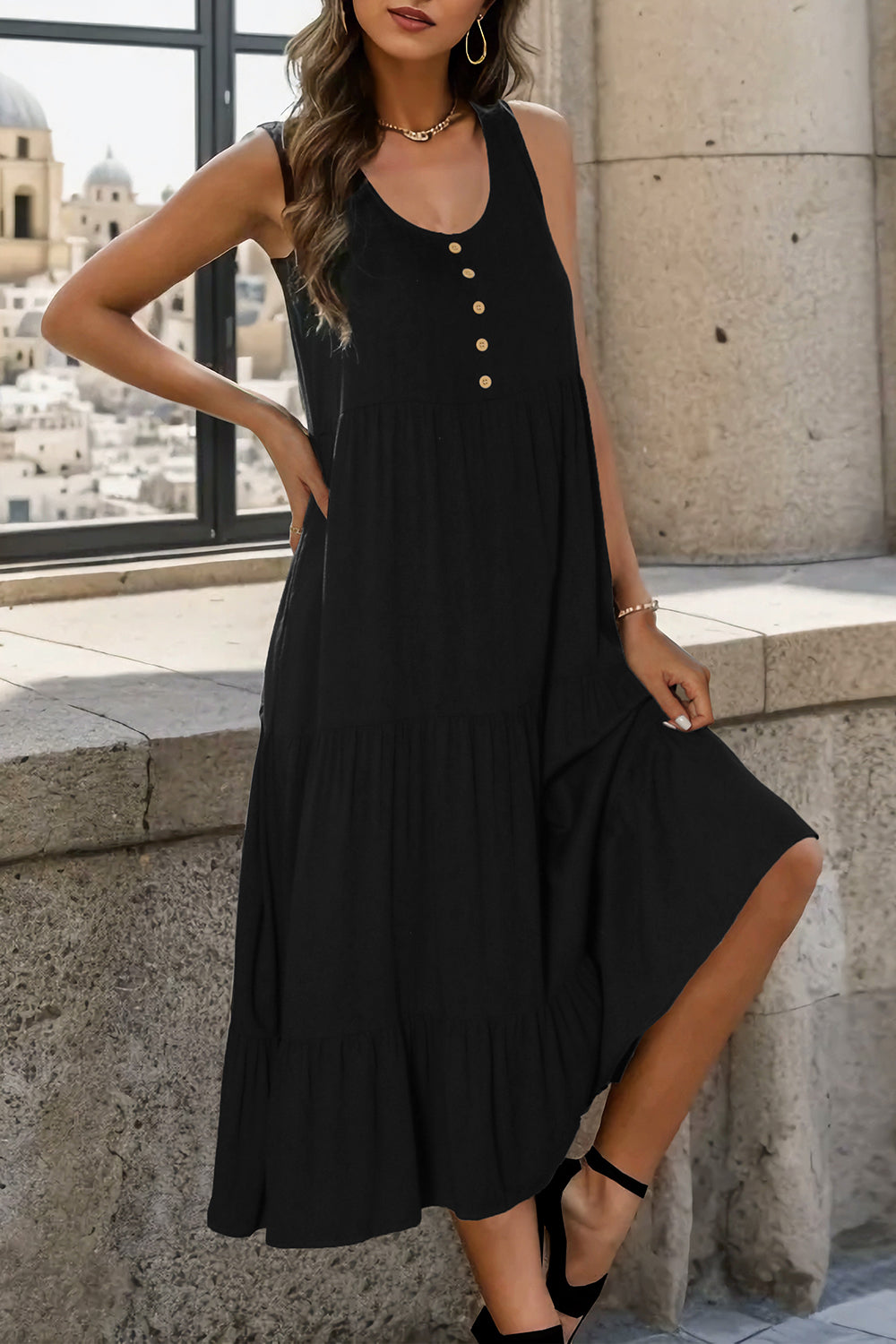 Decorative Button Tiered Tank Dress 