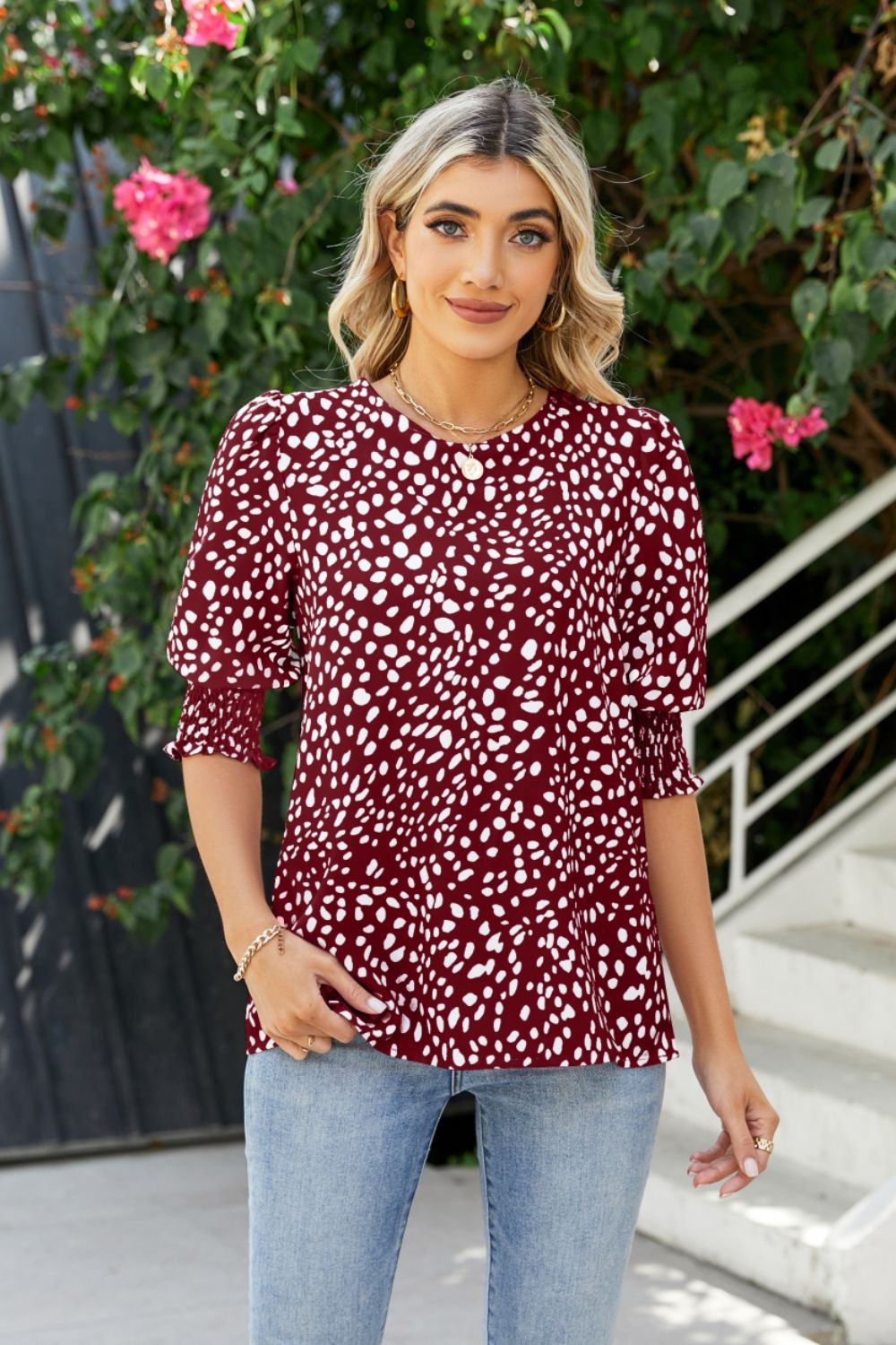 Polka Dot Round Neck Lantern Sleeve Blouse