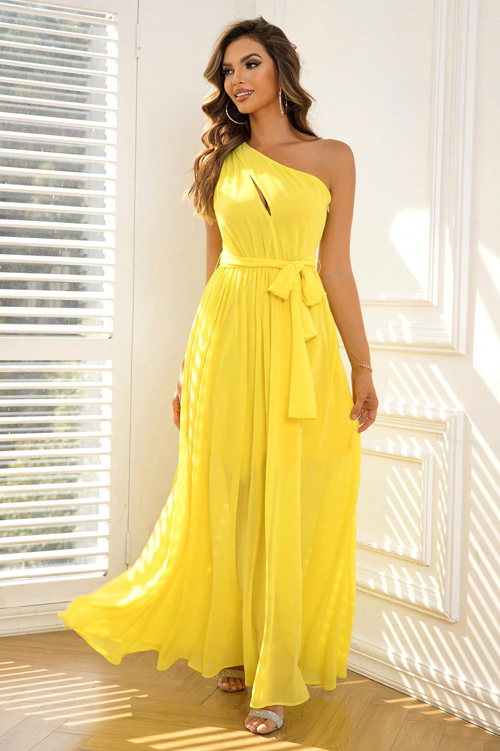 Cutout One-Shoulder Tie Waist Dress 