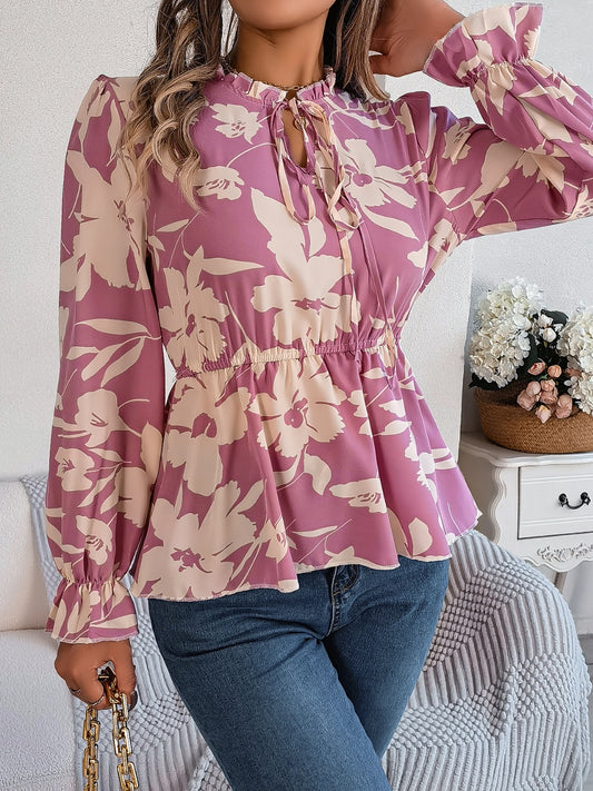 Printed Tie Neck Flounce Sleeve Blouse - Babbazon Tops